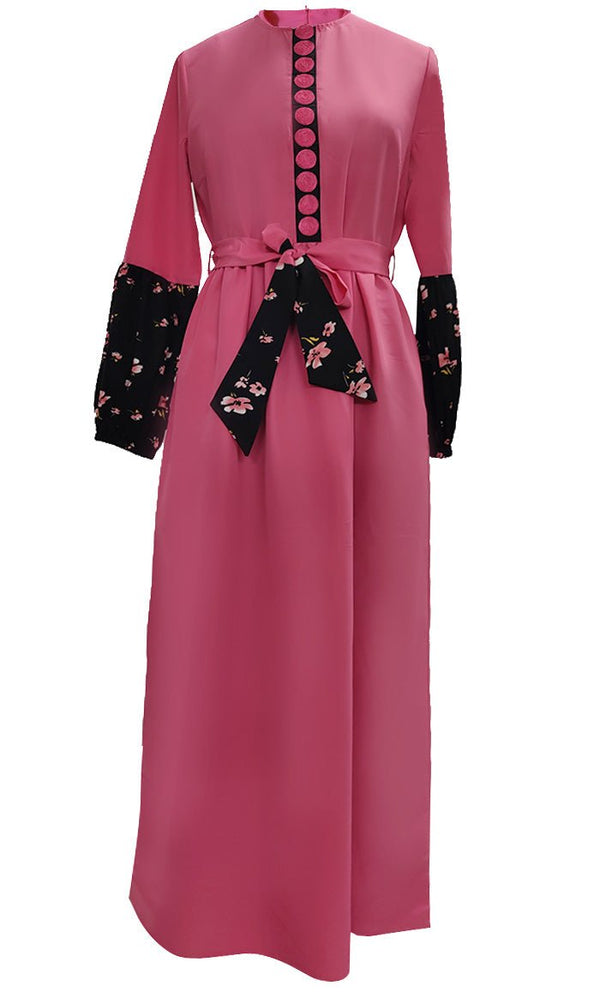 Creative Contrasted Printed Detailing Abaya With Pockets - EastEssence.com