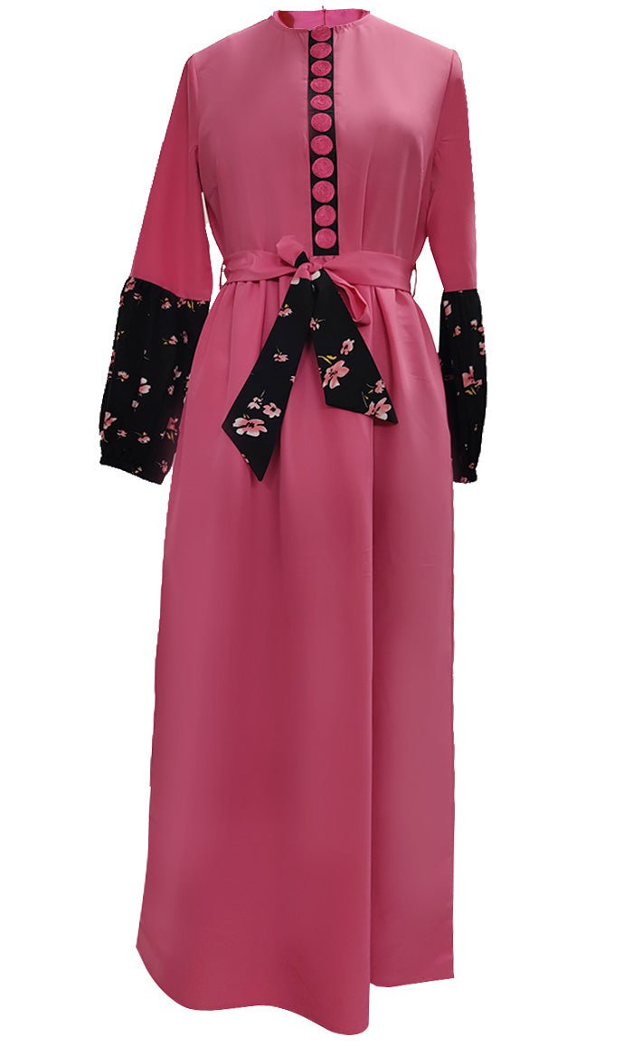 Creative Contrasted Printed Detailing Abaya With Pockets - EastEssence.com