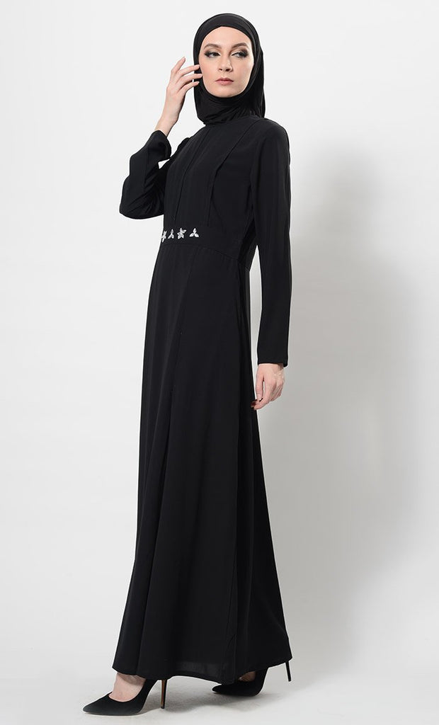 Crystal Embellished Motifs Flared Abaya Dress And Hijab Set - EastEssence.com