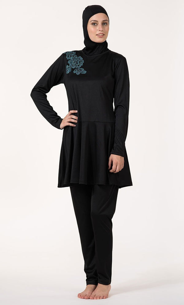 Crystal Embroidered Flower Motif Frock Style Swimwear Burkini Three Piece Set - EastEssence.com