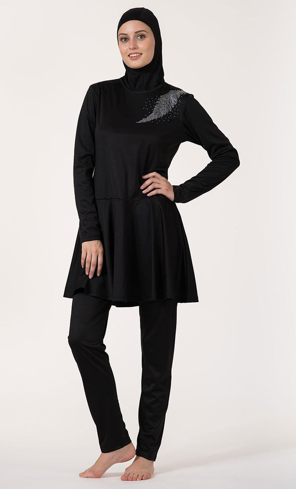 Crystal Embroidered Paisley Motif Frock Style Swimwear Burkini Three Piece Set - EastEssence.com