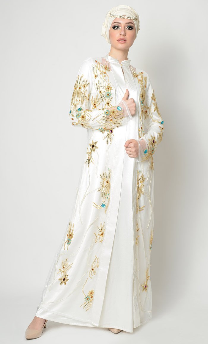 Crystals, Beads and Thread Applique Work Graceful Abaya Dress - Xs 56 White Crystals, Beads and Thread Applique Work Graceful Abaya Dress - Xs 56 White