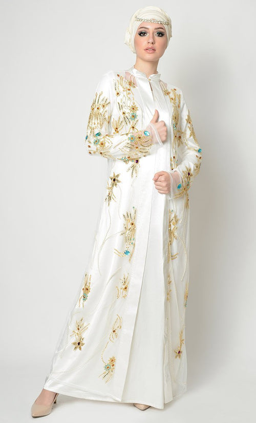 Crystals, Beads and Thread Applique Work Graceful Abaya Dress - Xs 56 White Crystals, Beads and Thread Applique Work Graceful Abaya Dress - Xs 56 White