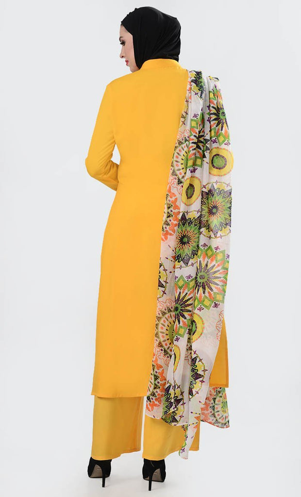 Delicate Neck Embroidered 3pc suit set-Mustard - EastEssence.com