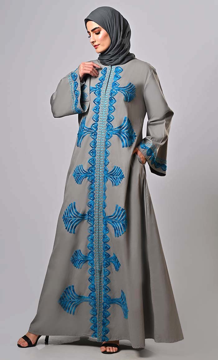 Designer Islamic Mughal Aari Work Detailing Abaya With Pockets - EastEssence.com