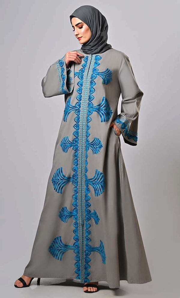 Designer Islamic Mughal Aari Work Detailing Abaya With Pockets - EastEssence.com