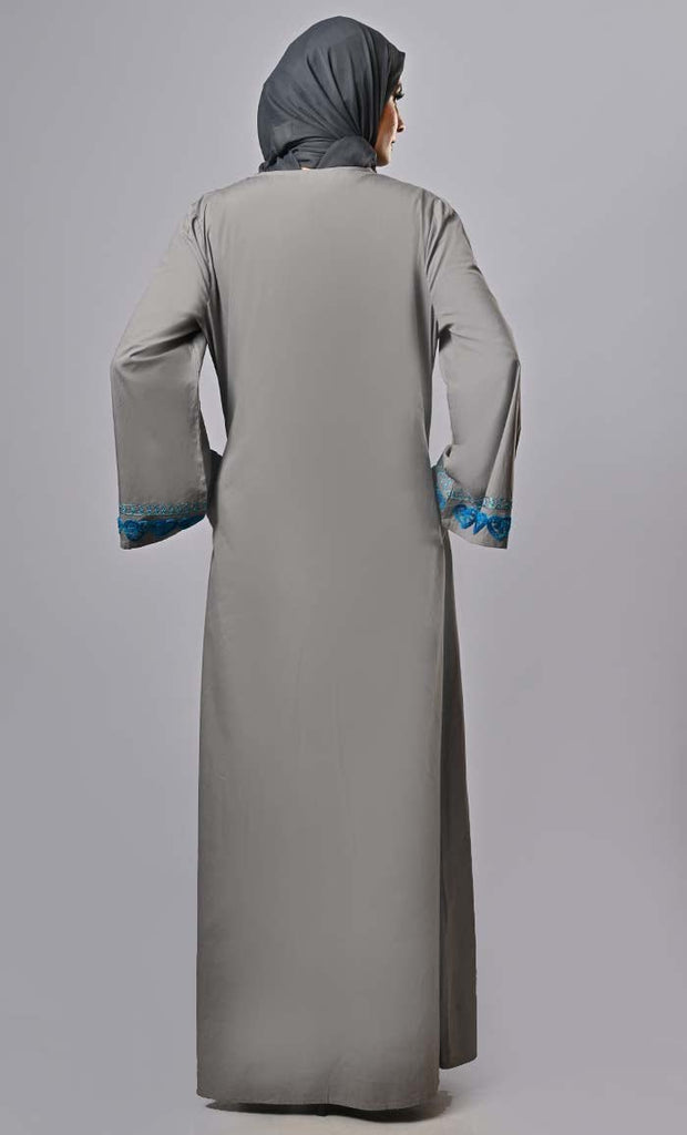 Designer Islamic Mughal Aari Work Detailing Abaya With Pockets - EastEssence.com