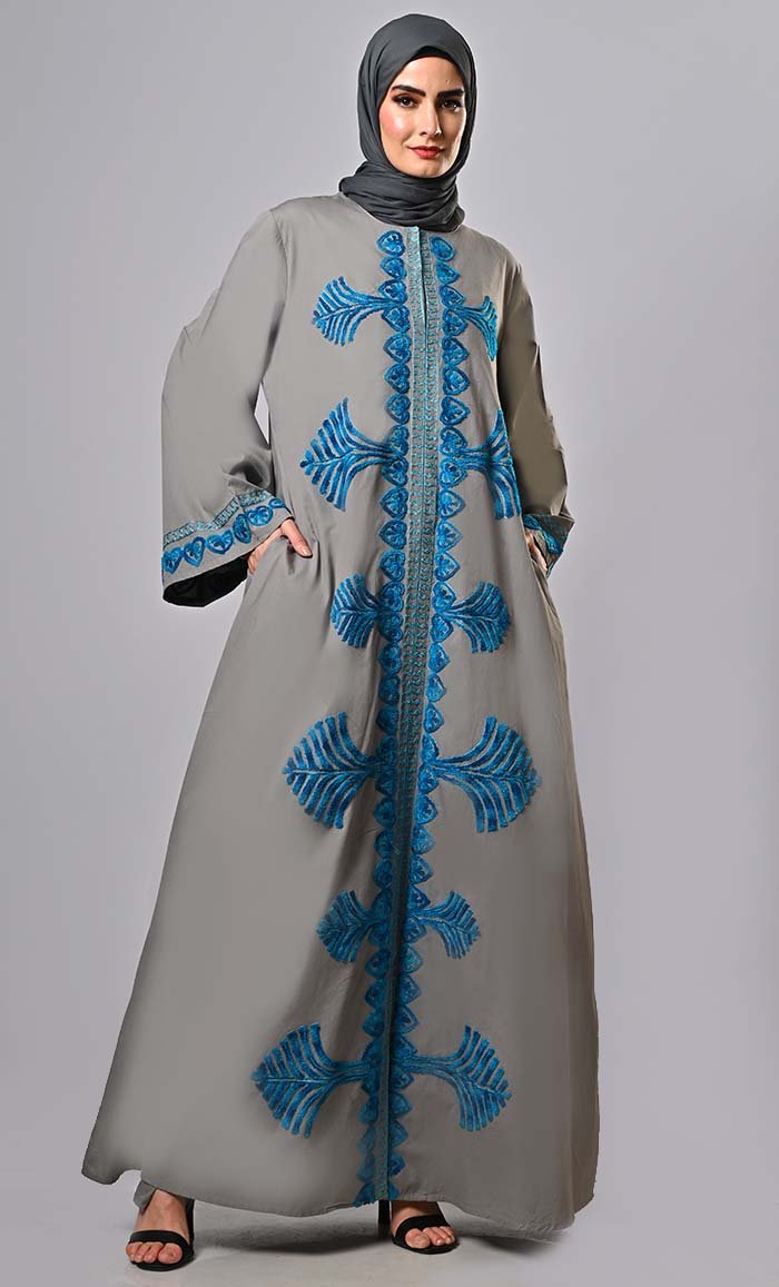 Designer Islamic Mughal Aari Work Detailing Abaya With Pockets - EastEssence.com