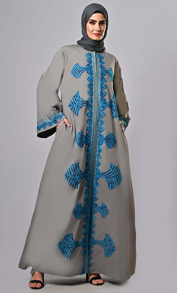 Designer Islamic Mughal Aari Work Detailing Abaya With Pockets - EastEssence.com