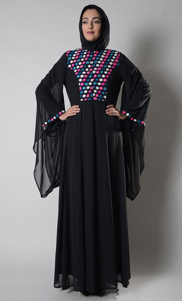 Dotted embroidered trumpet sleeves abaya dress - EastEssence.com