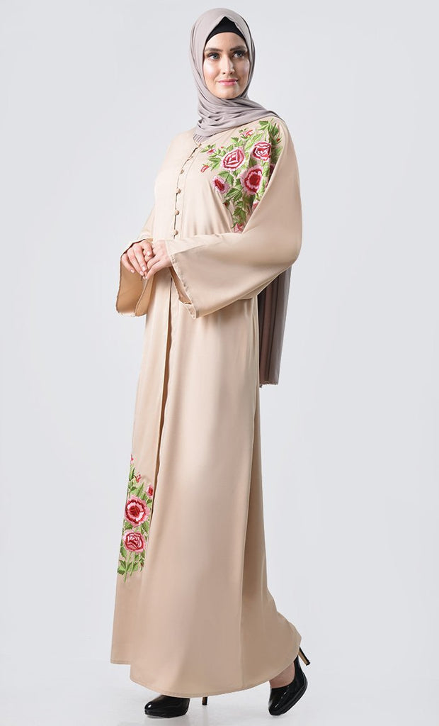 Double Layer Embroidered Abaya - Sand - EastEssence.com