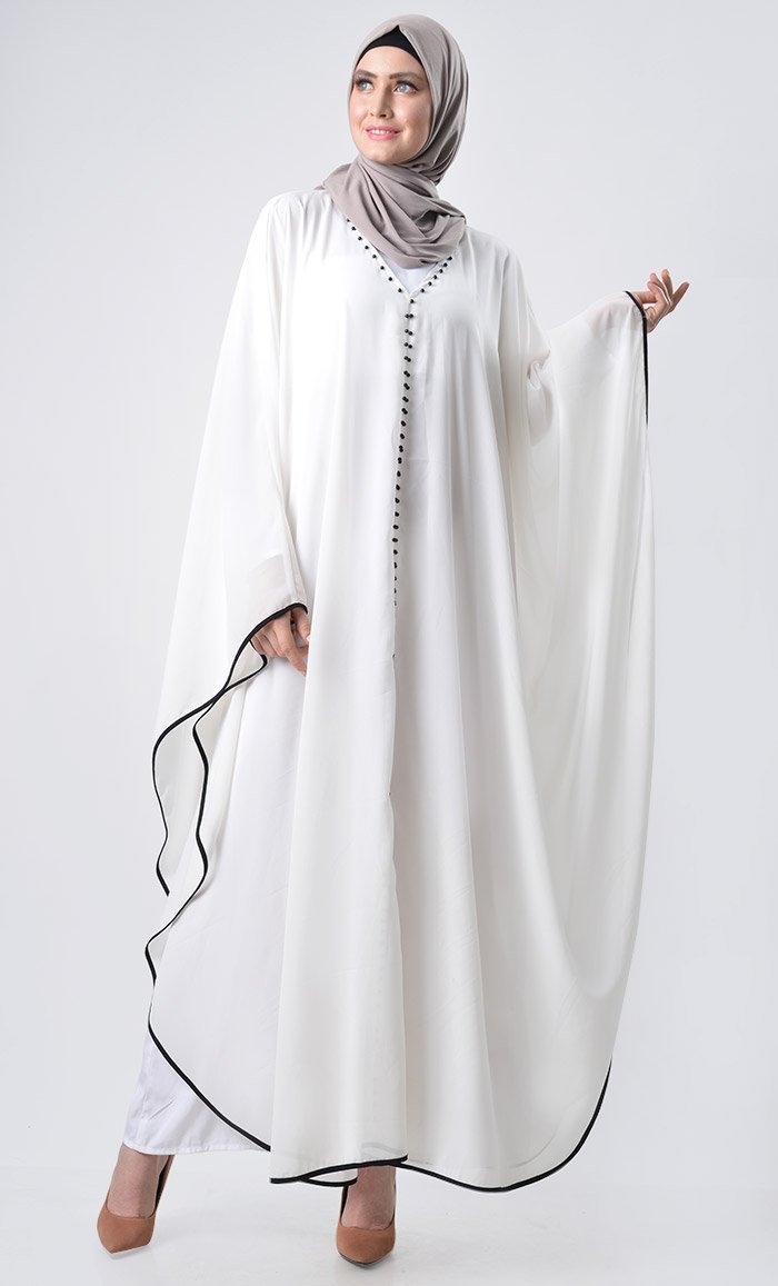 Double Layer Pearl Detail Kaftan - White - EastEssence.com