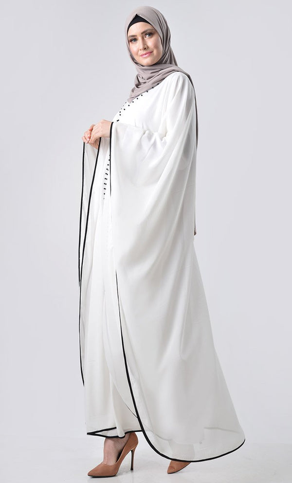 Double Layer Pearl Detail Kaftan - White - EastEssence.com