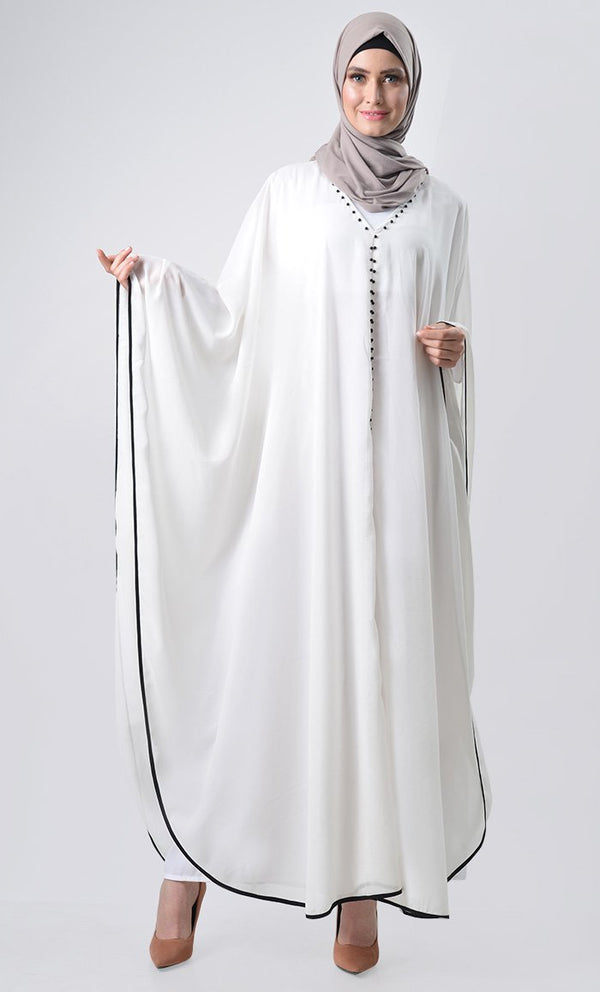 Double Layer Pearl Detail Kaftan - White - EastEssence.com