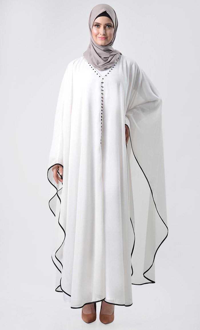 Double Layer Pearl Detail Kaftan - White - EastEssence.com