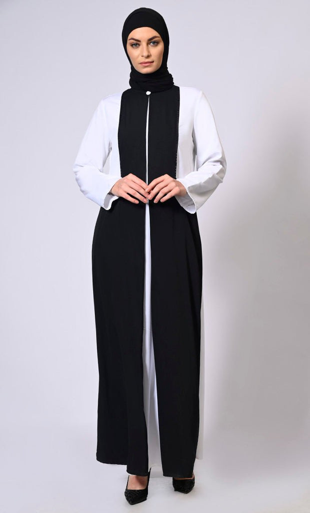 Double Layered Black Abaya with Sequined Yoke and Front Pockets - EastEssence.com