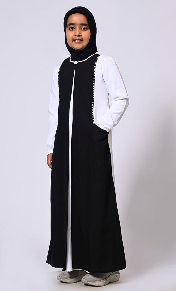 Double Layered Girl's Black Abaya with Sequined Yoke and Front Pockets - EastEssence.com