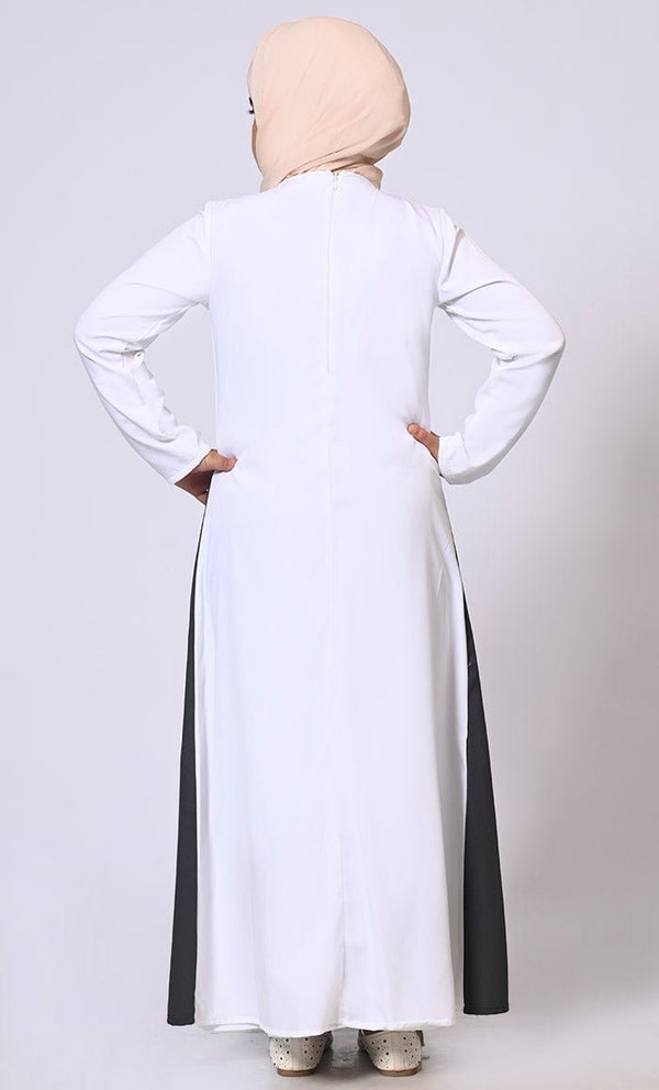 Double Layered Girl's Grey Abaya with Sequined Yoke and Front Pockets - EastEssence.com
