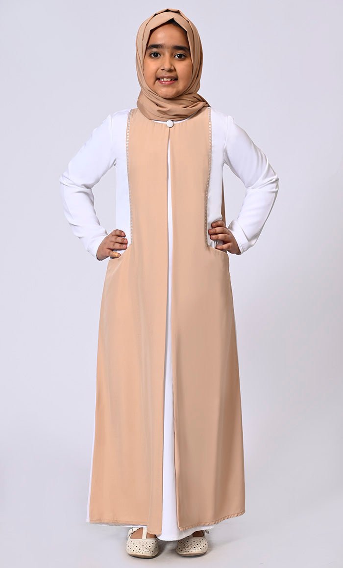 Double Layered Girl's Sand Abaya with Sequined Yoke and Front Pockets - EastEssence.com