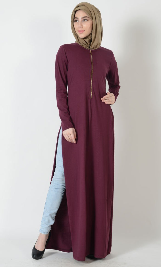 Double Slit Zipper-Jersey Long Tunic - EastEssence.com