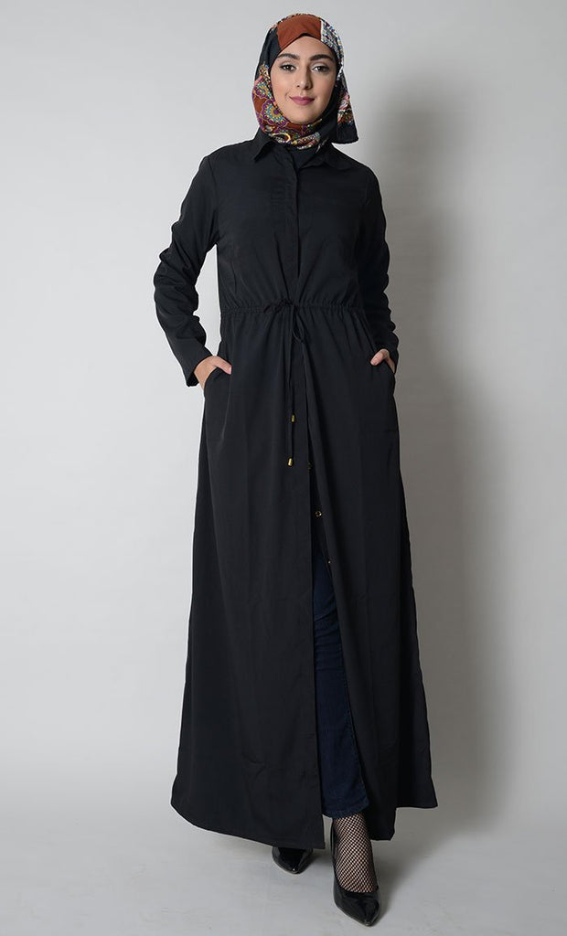 Drawstring Detail Everyday Wear Shirt Style Abaya Dress - EastEssence.com