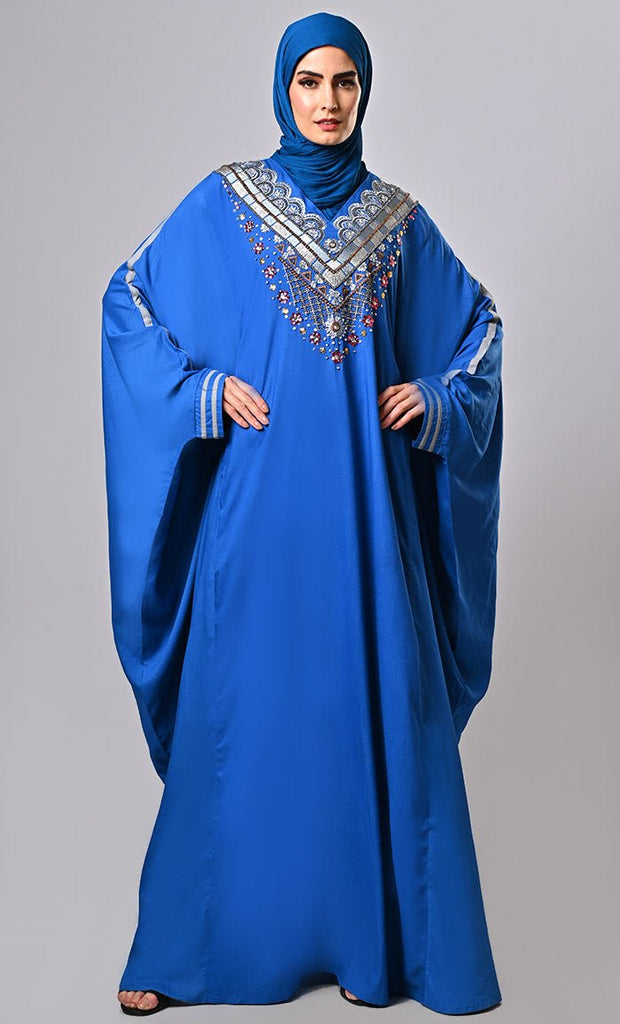 Elegance Embodied: Exquisite Embroidered Kaftan with Intricate Sleeve Trims - EastEssence.com