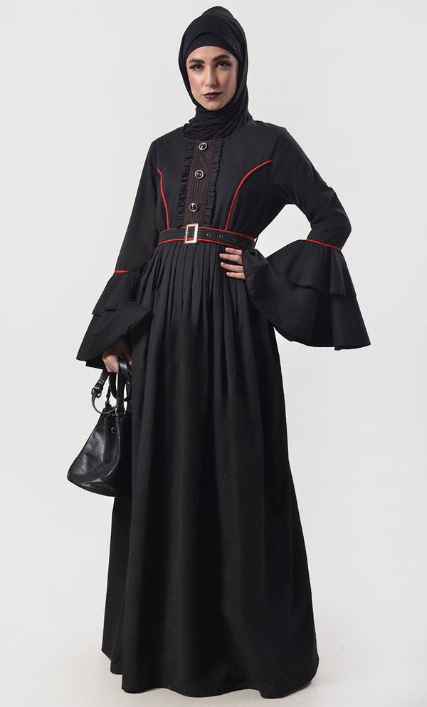 Elegant Black Contrast Red Piping Detailing Abaya With Belt And Pockets - EastEssence.com