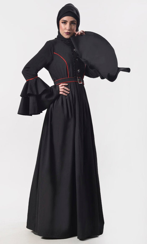 Elegant Black Contrast Red Piping Detailing Abaya With Belt And Pockets - EastEssence.com