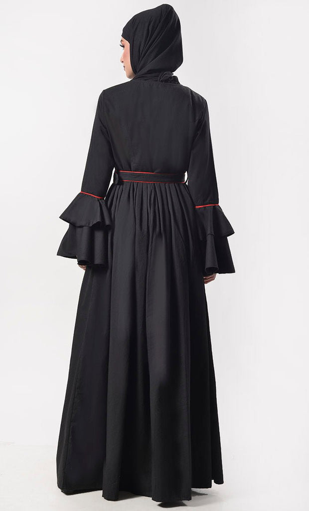 Elegant Black Contrast Red Piping Detailing Abaya With Belt And Pockets - EastEssence.com