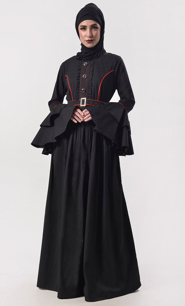Elegant Black Contrast Red Piping Detailing Abaya With Belt And Pockets - EastEssence.com