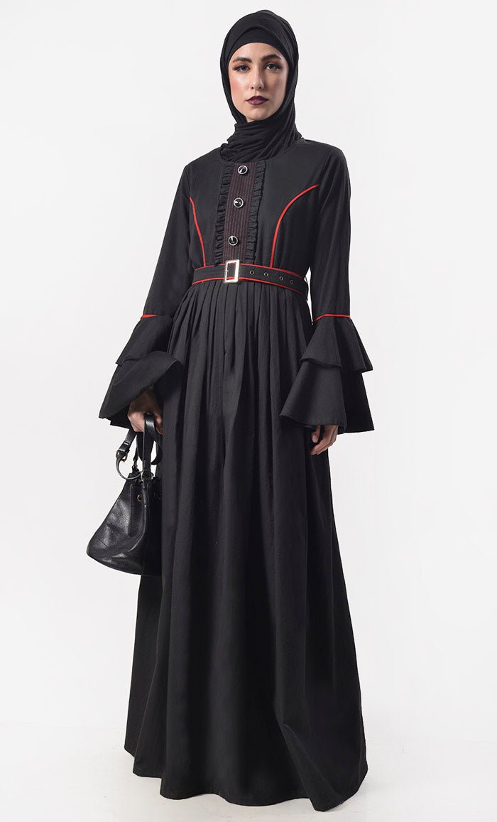 Elegant Black Contrast Red Piping Detailing Abaya With Belt And Pockets - EastEssence.com