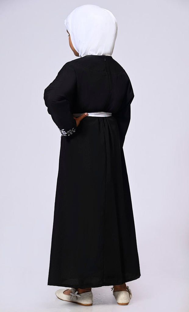 Elegant Ensemble: Girls' Black Double Layered Embroidered Abaya with Belt - EastEssence.com