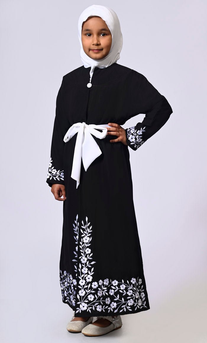 Elegant Ensemble: Girls' Black Double Layered Embroidered Abaya with Belt - EastEssence.com