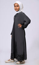 Elegant Ensemble: Girls' Grey Double Layered Embroidered Abaya with Belt - EastEssence.com
