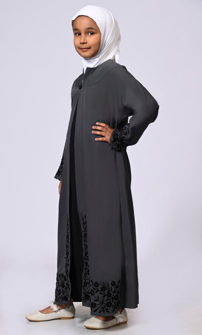Elegant Ensemble: Girls' Grey Double Layered Embroidered Abaya with Belt - EastEssence.com