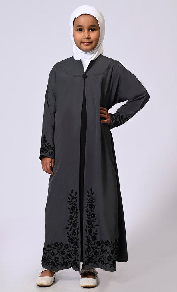 Elegant Ensemble: Girls' Grey Double Layered Embroidered Abaya with Belt - EastEssence.com