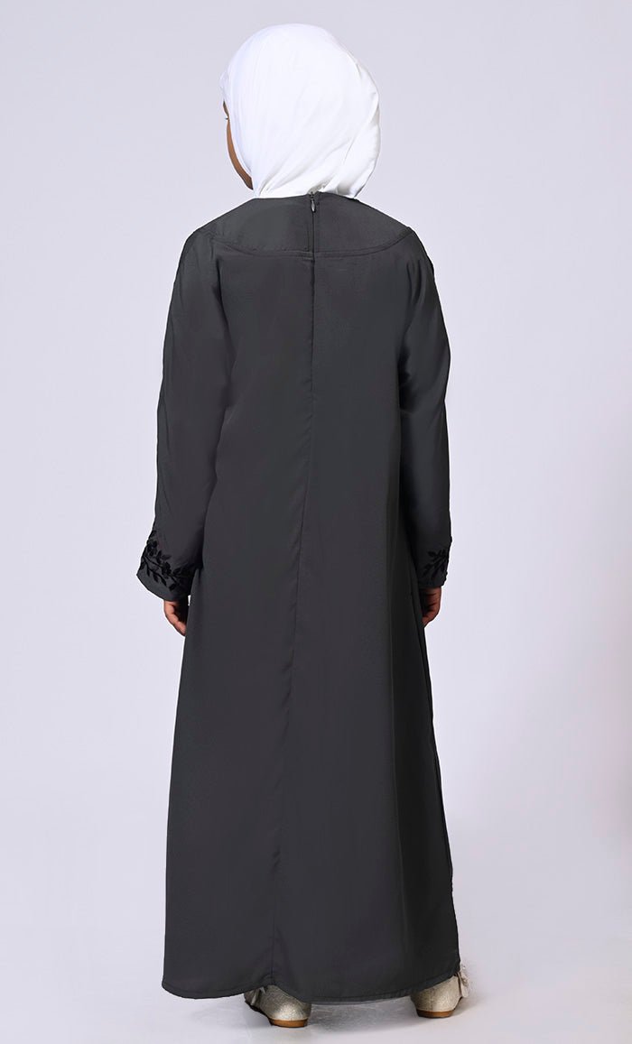 Elegant Ensemble: Girls' Grey Double Layered Embroidered Abaya with Belt - EastEssence.com