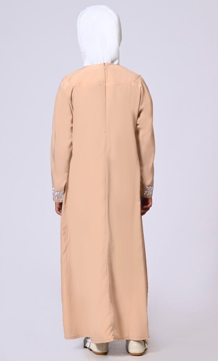 Elegant Ensemble: Girls' Sand Double Layered Embroidered Abaya with Belt - EastEssence.com
