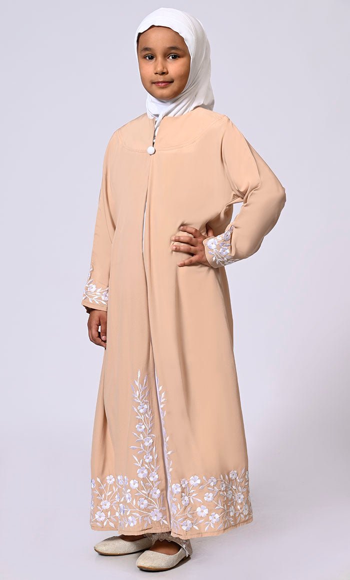Elegant Ensemble: Girls' Sand Double Layered Embroidered Abaya with Belt - EastEssence.com