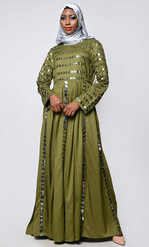 Elegant Olive Mirror Sticker Work Detailing Abaya - EastEssence.com