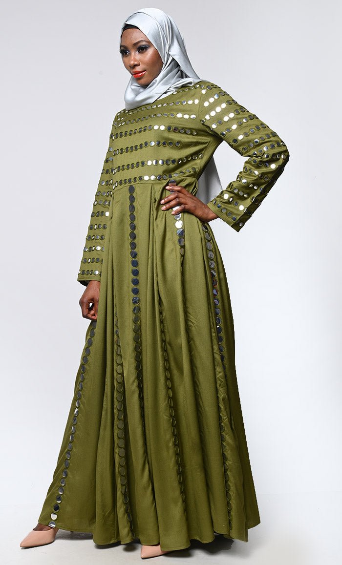 Elegant Olive Mirror Sticker Work Detailing Abaya - EastEssence.com