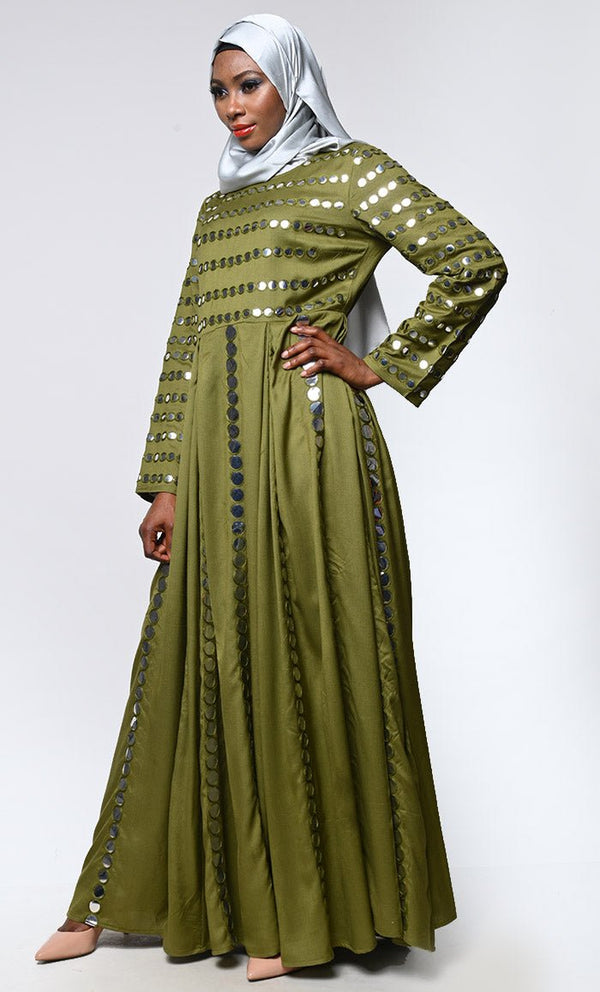 Elegant Olive Mirror Sticker Work Detailing Abaya - EastEssence.com