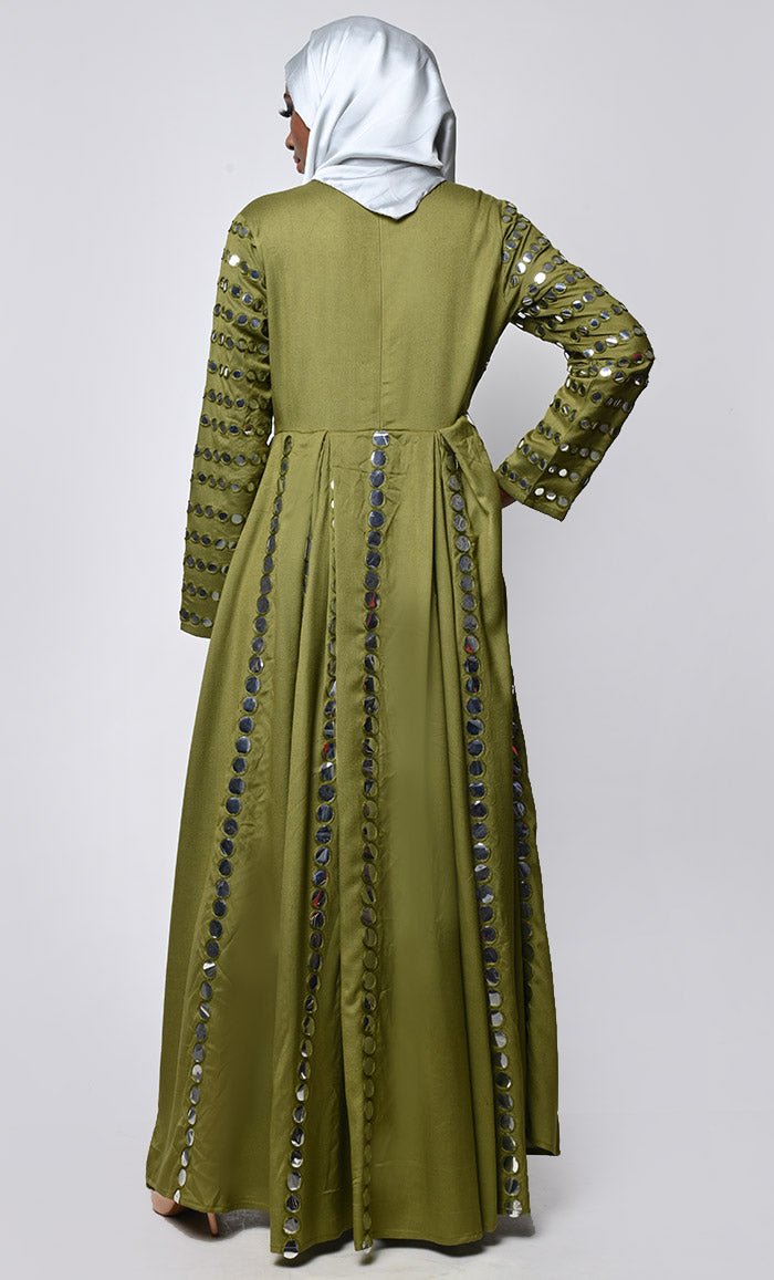 Elegant Olive Mirror Sticker Work Detailing Abaya - EastEssence.com