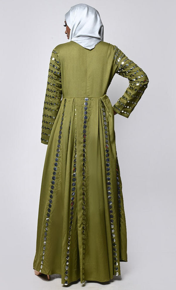 Elegant Olive Mirror Sticker Work Detailing Abaya - EastEssence.com