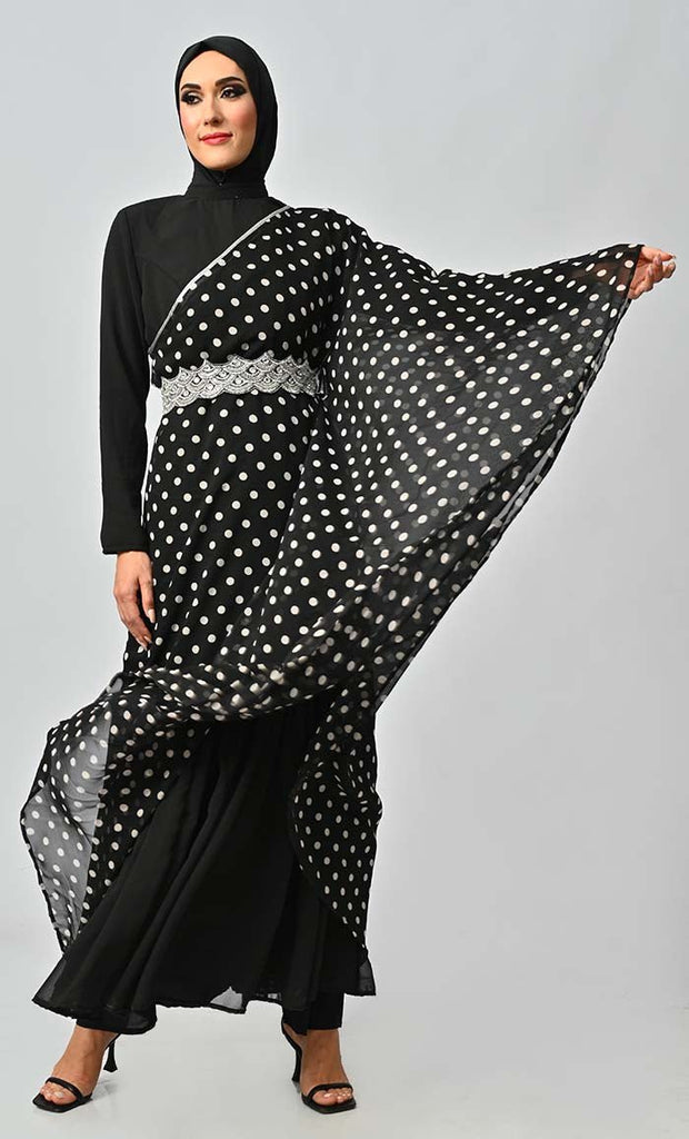Elegant One Side Flared Printed Georgette Abaya With Embroidered Belt - EastEssence.com
