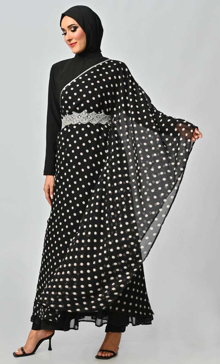 Elegant One Side Flared Printed Georgette Abaya With Embroidered Belt - EastEssence.com