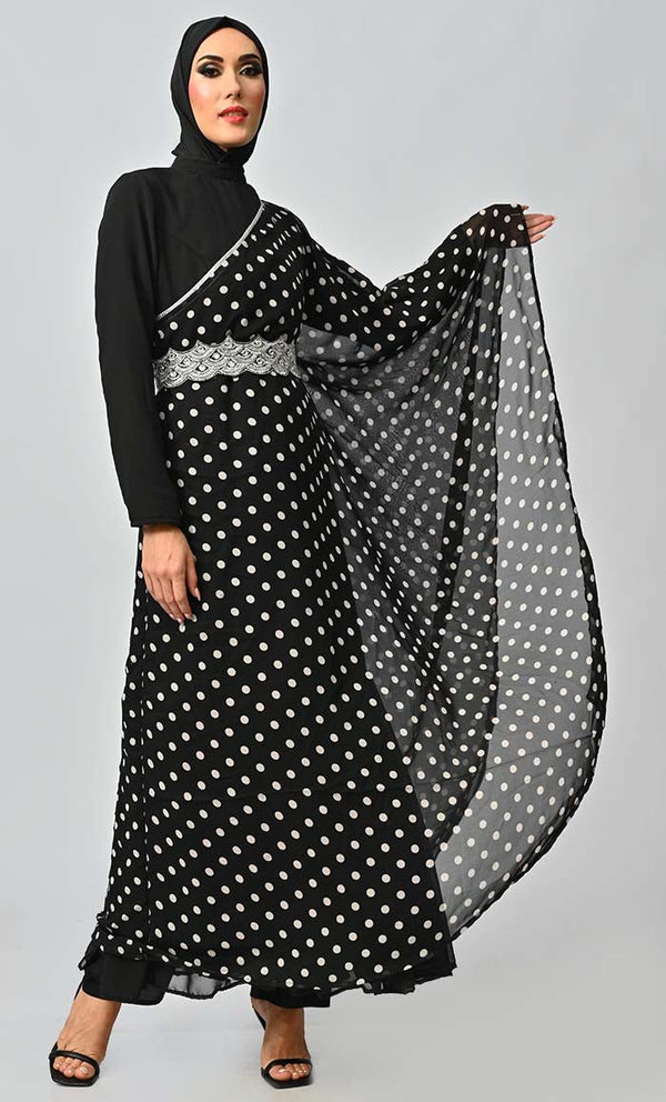 Elegant One Side Flared Printed Georgette Abaya With Embroidered Belt - EastEssence.com