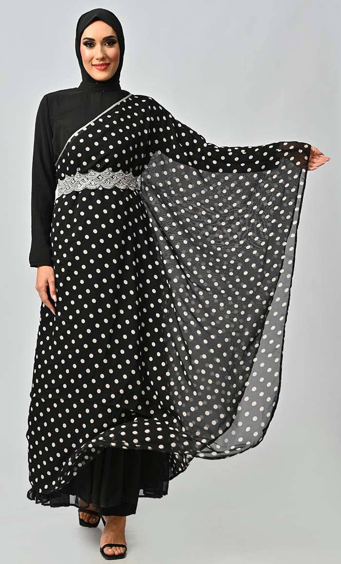 Elegant One Side Flared Printed Georgette Abaya With Embroidered Belt - EastEssence.com