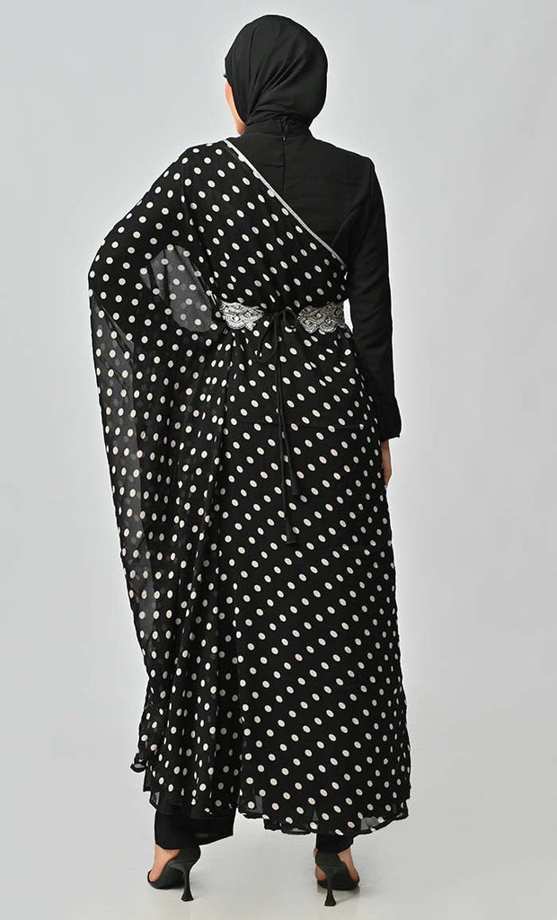 Elegant One Side Flared Printed Georgette Abaya With Embroidered Belt - EastEssence.com