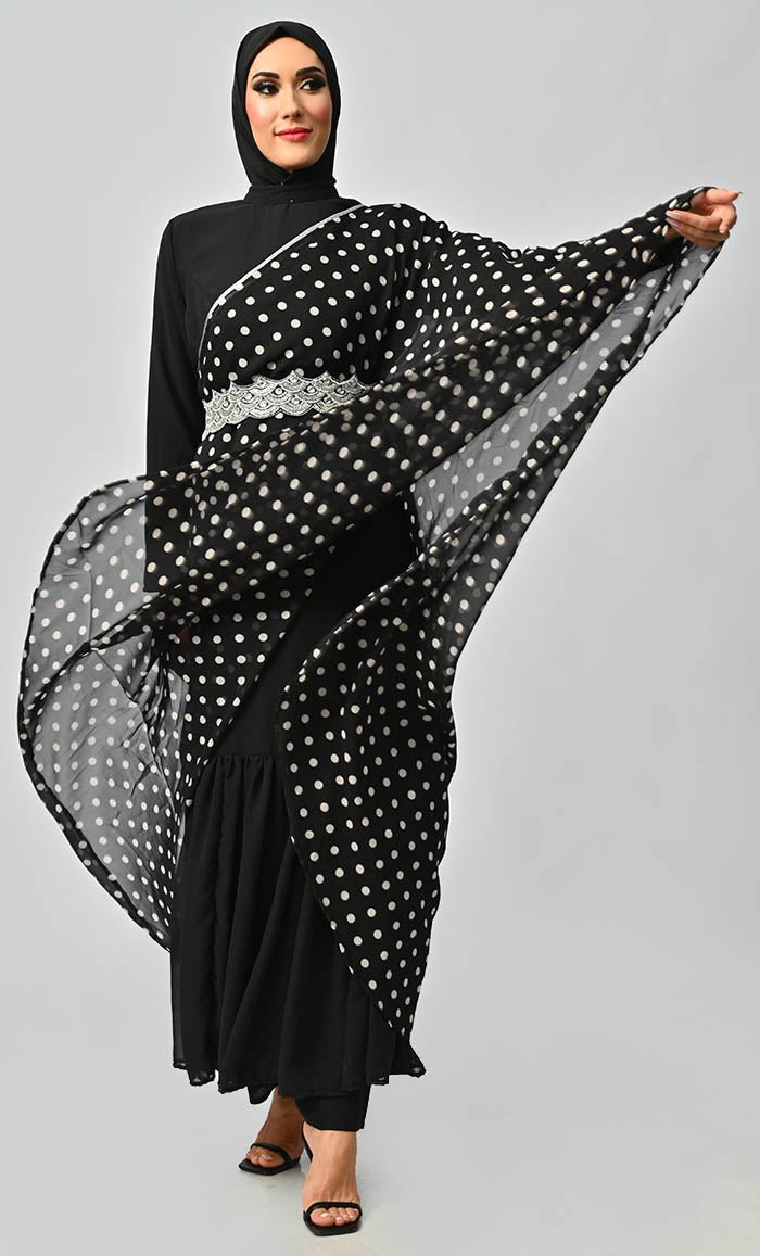 Elegant One Side Flared Printed Georgette Abaya With Embroidered Belt - EastEssence.com